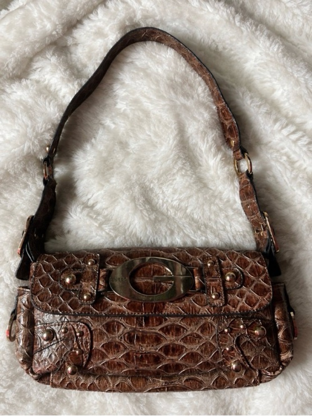 GUESS Brown Croc-Embossed Shoulder Bag with Gold-Tone 'G' Buckle